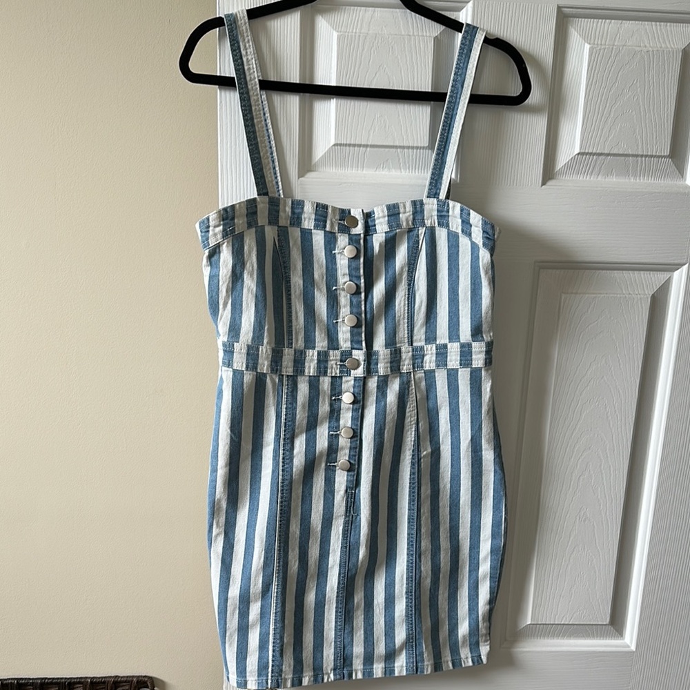Blue and white pinstripe overall dress